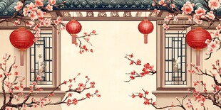 中式庭院 红灯笼与梅花景