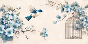 蓝鹊伴花与空鸟笼图景