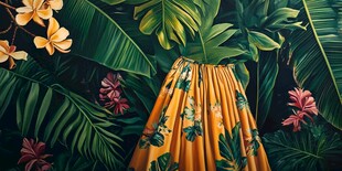 热带花卉中的黄色印花裙