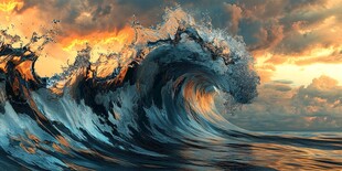 壮观海浪在黄昏中翻涌