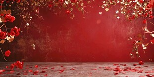 浪漫红背景玫瑰花瓣洒落