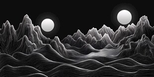 双月映山川黑白艺术图