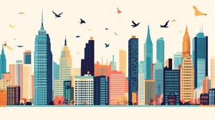 多彩都市天际线与飞鸟