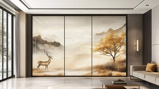 中式山水风客厅艺术移门