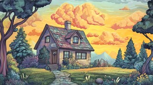 夕阳下的温馨田园小屋