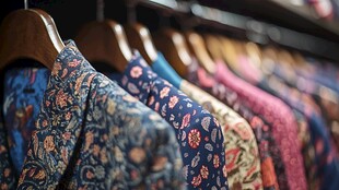 多彩印花服饰整齐挂放