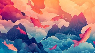 梦幻云海中游弋的绚烂金鱼