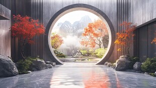 中式圆门庭院秋景如画