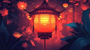 古风红灯笼映繁花夜色