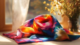 多彩丝巾静置于窗前花朵旁