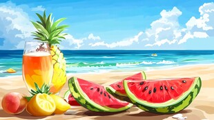 夏日海滩水果清凉盛宴