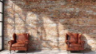 复古砖墙前的两把皮椅