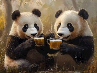 熊猫举杯共饮温馨时刻