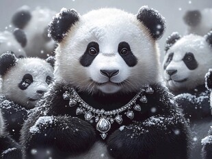 戴珠宝的熊猫家族雪中萌态
