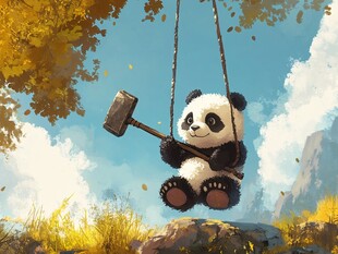 熊猫荡秋千持斧悠然时光