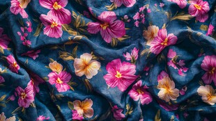 蓝色花卉印花布料特写