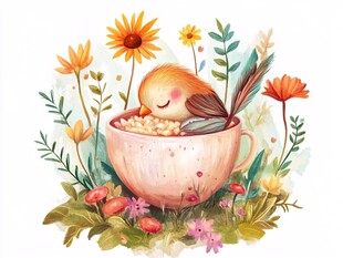 茶杯中安睡的可爱小鸟