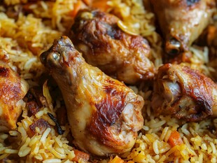 香酥鸡腿盖浇金黄米饭