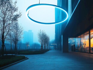 雾中建筑旁的发光圆环装置