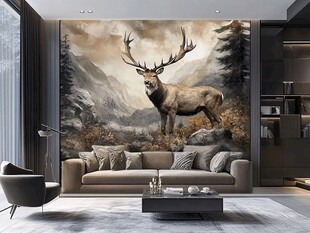 鹿主题壁画装点现代客厅