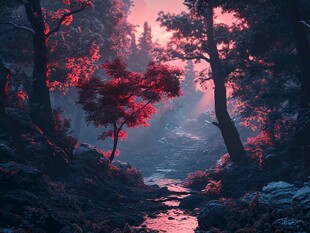 梦幻绯红森林溪流景观