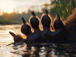 夕阳下的动物爪子浸于水中