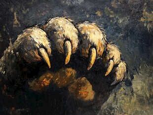 狰狞怪兽巨爪油画特写