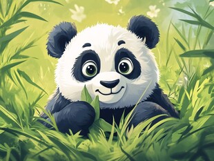 可爱熊猫在草丛中吃竹叶
