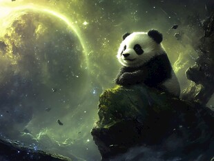 熊猫坐于星际中的岩石上