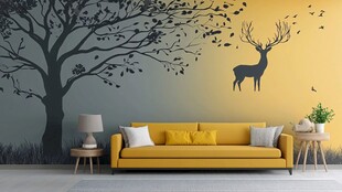 鹿树背景墙的温馨客厅