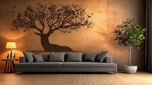 温馨客厅 树鹿壁画沙发场景