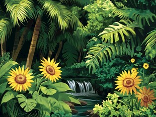 热带丛林中的向日葵溪流景观