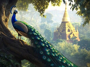 孔雀栖枝望远方佛塔