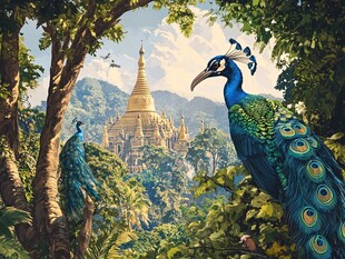 丛林中孔雀与金色佛塔
