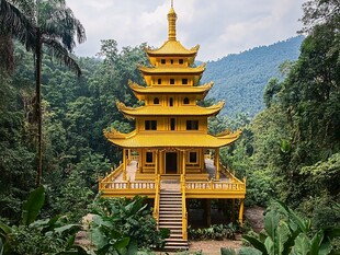 山林中的金色宝塔建筑