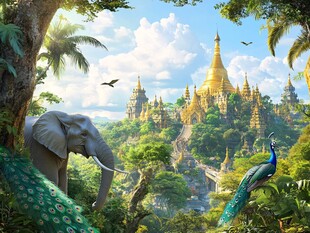 梦幻丛林中的金色佛塔景观