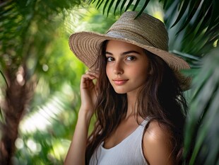 草帽美女置身葱郁绿植间
