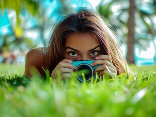 草地上的女孩专注拍照