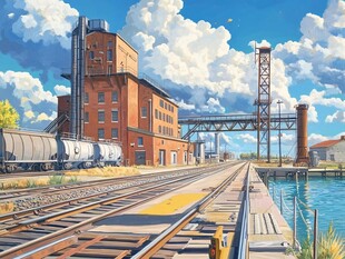 河畔铁路旁的工业风建筑