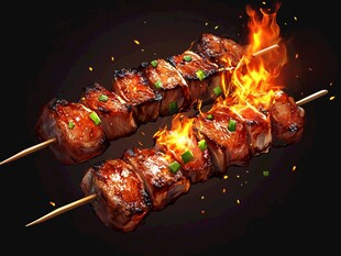 烤肉串在火焰中滋滋作响