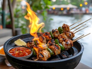 户外火焰烤肉串配蘸料