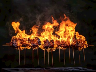 炭火烤肉串 火焰中的美味