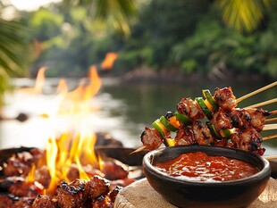 户外河畔美味烤肉串