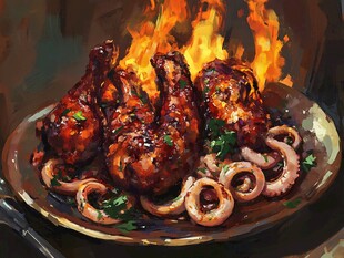 火焰炙烤的美味烤鸡腿