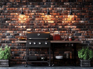 复古砖墙下的户外烧烤设备
