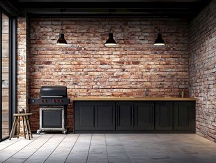 工业风厨房砖墙烧烤区场景