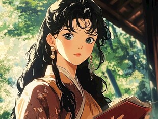 古风佳人持卷倚于林间