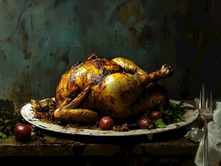 烤鸡摆放在盘上的诱人画面