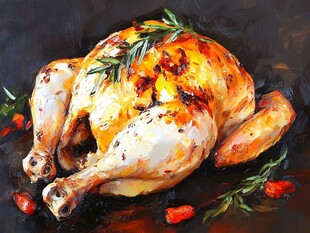 油画中的烤鸡与迷迭香