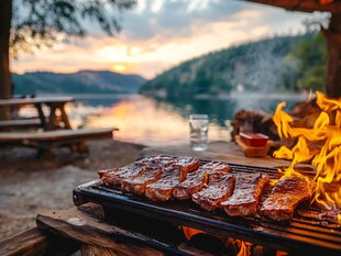 湖畔夕阳下的美味户外烧烤